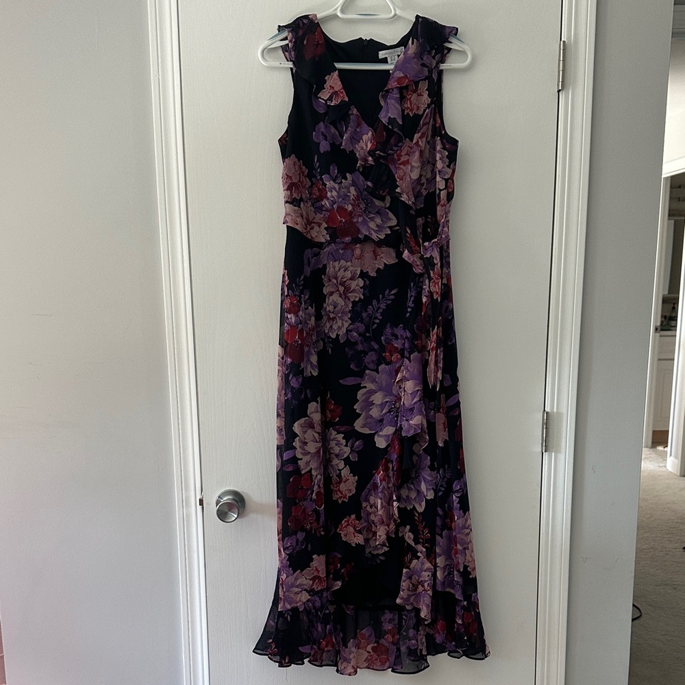 London times floral ruffled maxi dress purple pink rose size 8